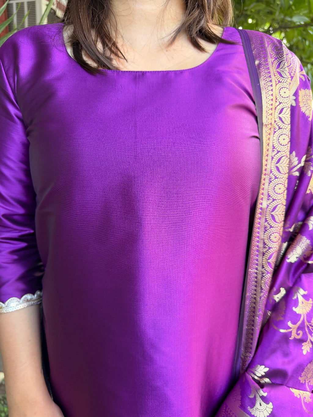 Purple Banarsi Silk Suit Set close up by MySanskritam