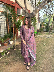 Onion pink digital printed woollen suit set with embroidery