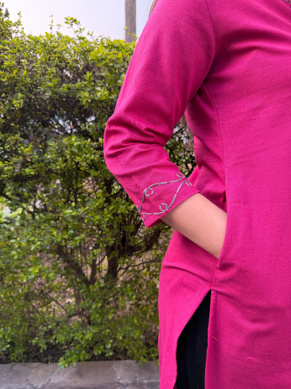 Gulabi Grace Embroidered Cotton Kurta pocket by MySanskritam