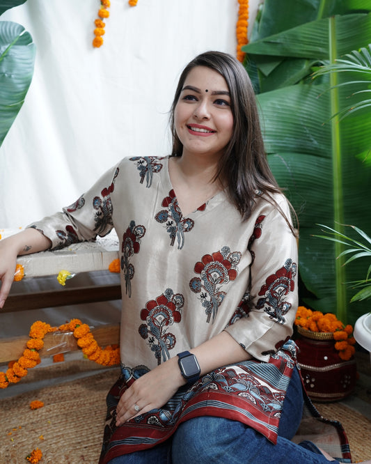 Beige Indigo Floral Modal Silk Kurti