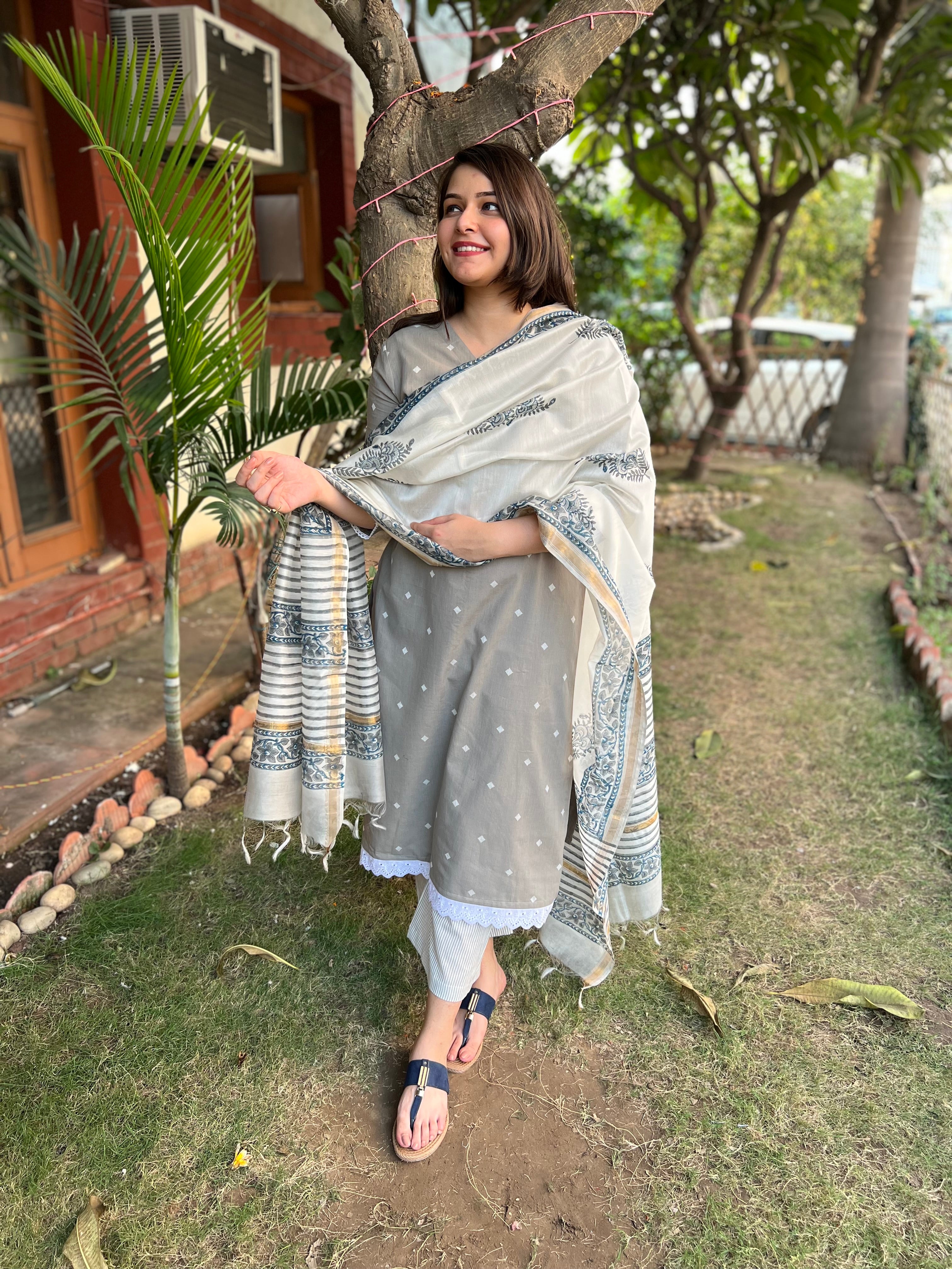 Slate Grey Kurta with handblock Chanderi duppata - MYSANSKRITAM