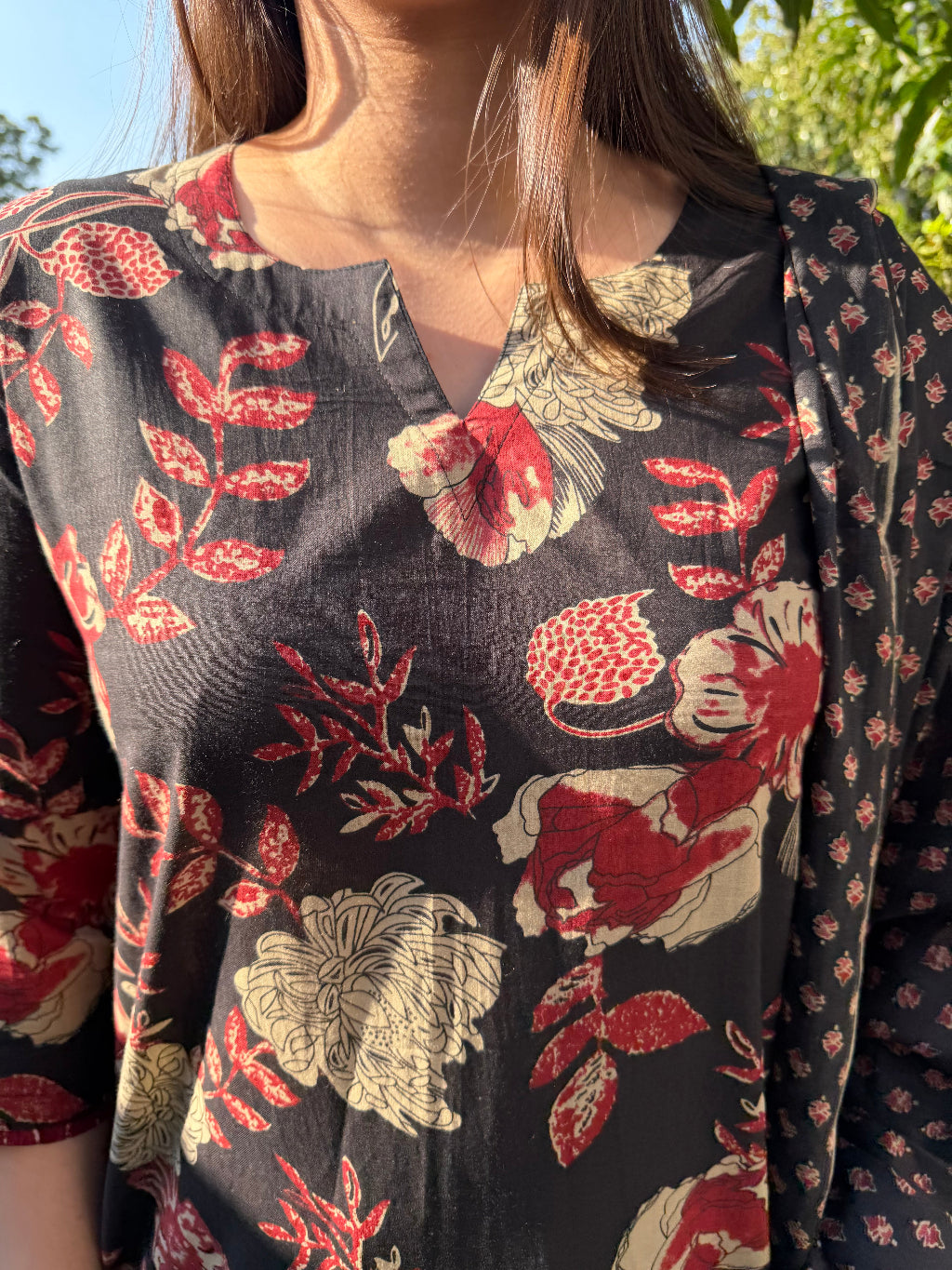 Black Floral Suit Set close up by MySanskritam