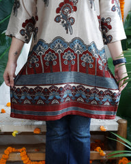 Beige Indigo Floral Modal Silk Kurti