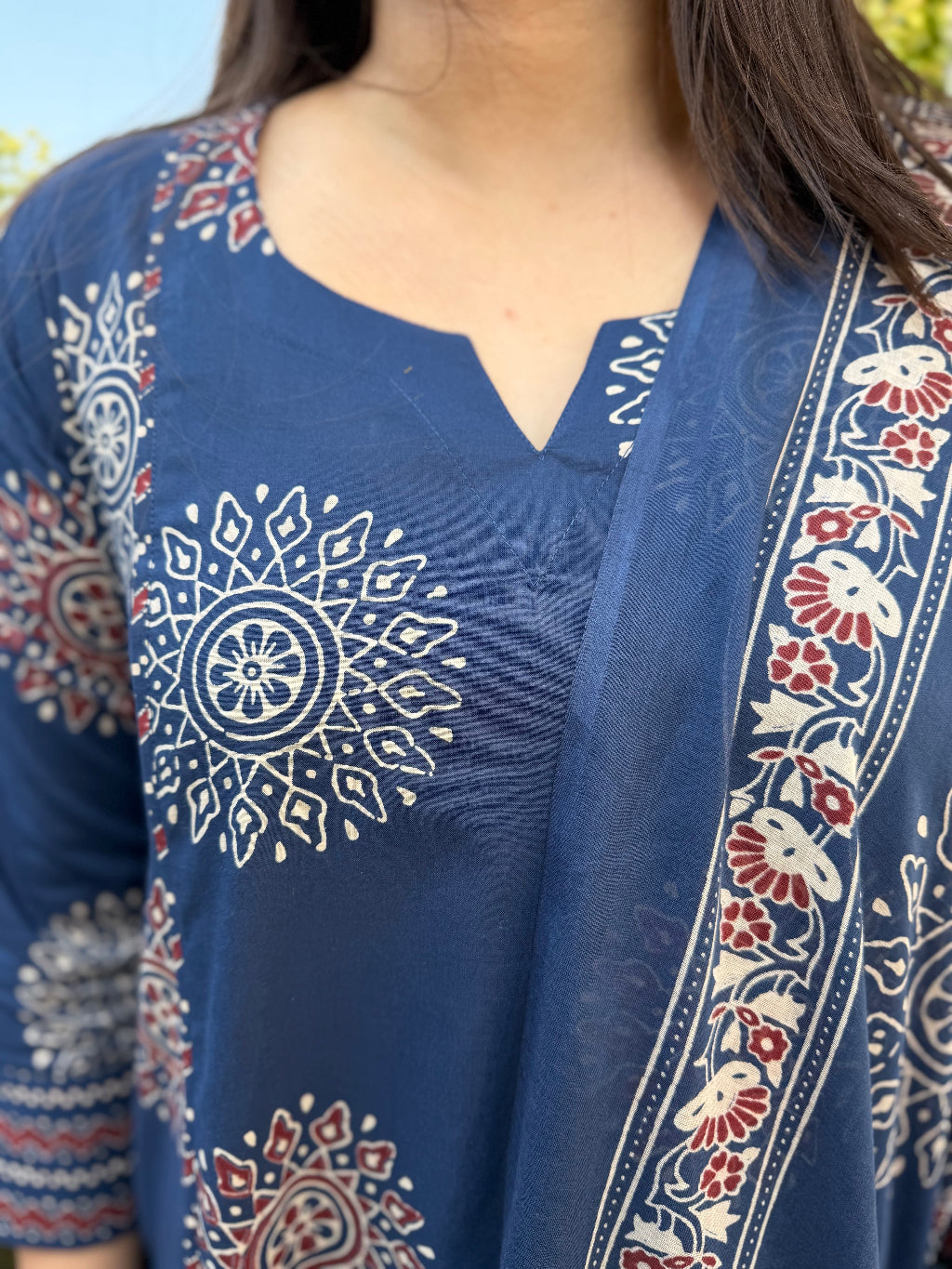 Indigo Big Circle Aline Suit Set front close Up by MySanskritam