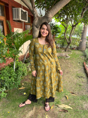 Mehendi green Ajrakh print A-Line Kurta with chudi sleeve - MYSANSKRITAM