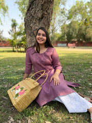 Rose pink embroidered linen kurta