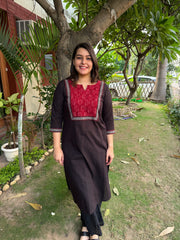 Black kantha ajrakh yoke kurta