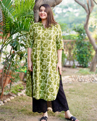 Parrot green bagru kurta with pocket