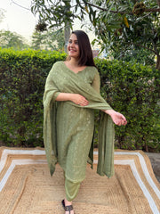 Mehendi green Lucknowi full suit set