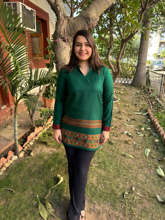 Green Kullu border woollen short kurti