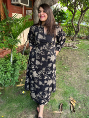 Black Floral dress with pockets - MYSANSKRITAM