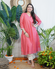 Pink Textured Chanderi Aline kurta