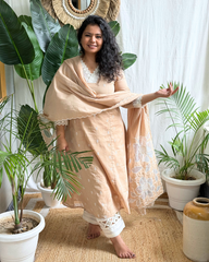 Beige Embroidered Kurta with Mulmul Patchwork Dupatta