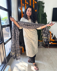 Cream buti kurta duppata set