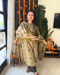 Leaf green floral kurta with duppata