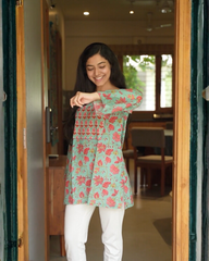 Sea green floral yoke kurti