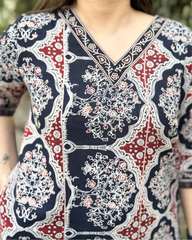 Black ajrakh V neck kurta with pocket