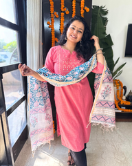 Rose pink embroidered kurta with duppata