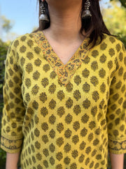 Lime Green Buta Handblock Kurta close up by Sanskritam