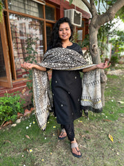 Black embroidered Khadi silk kurta only - MYSANSKRITAM