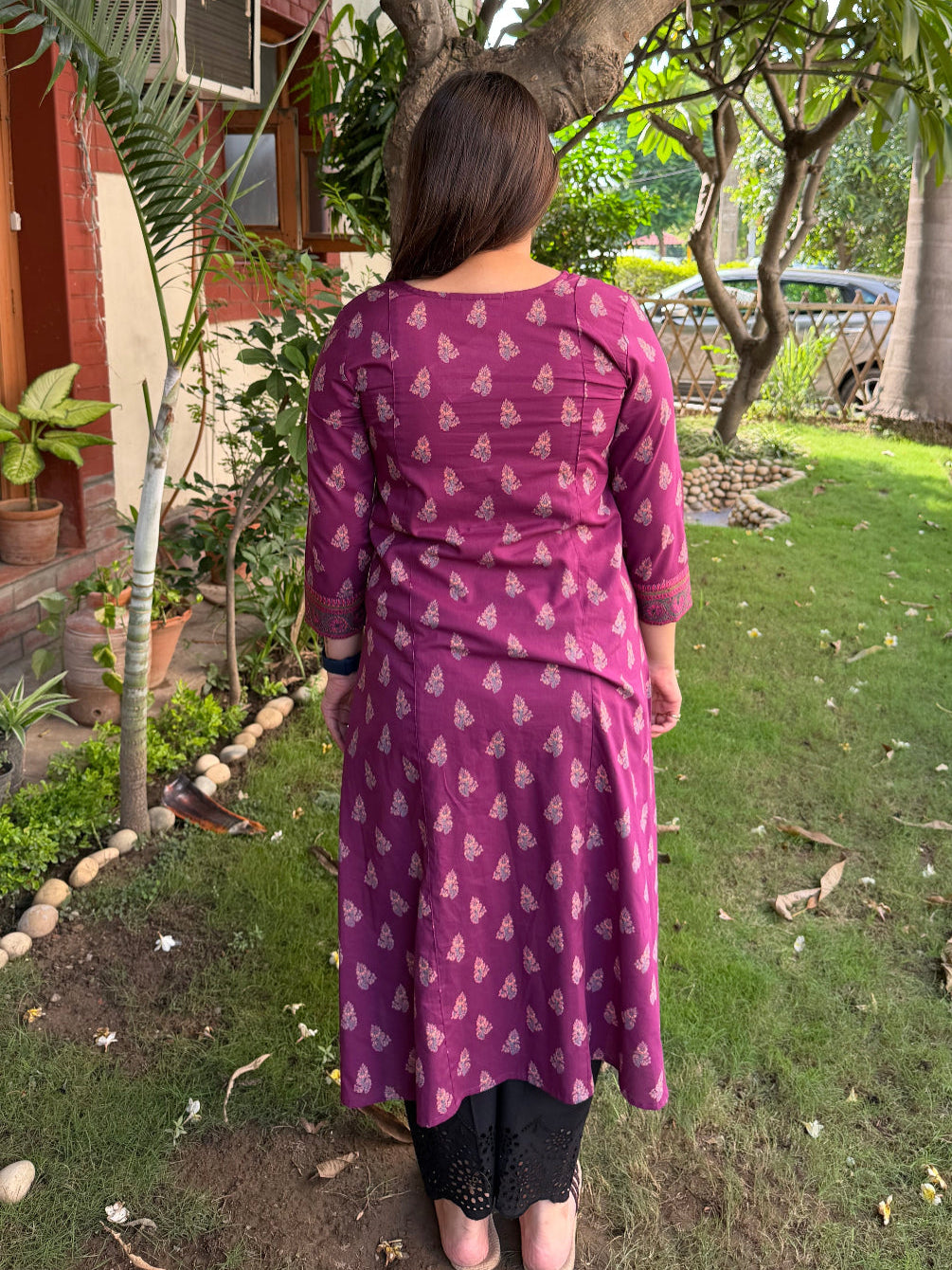 Wine Small Flower V-neck A-line Kurta from the back by MySanskritam