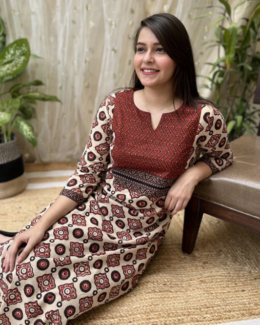 Cream Maroon Yoke Kurta