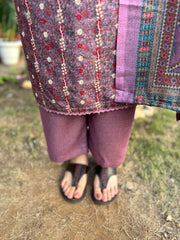 Onion pink digital printed woollen suit set with embroidery