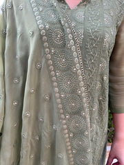 Mehendi green Lucknowi full suit set