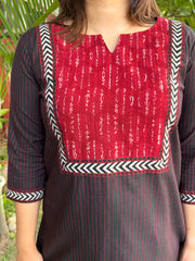 Black kantha ajrakh yoke kurta
