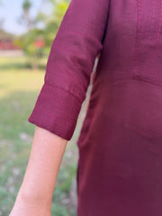 Maroon kantha yoke linen kurta