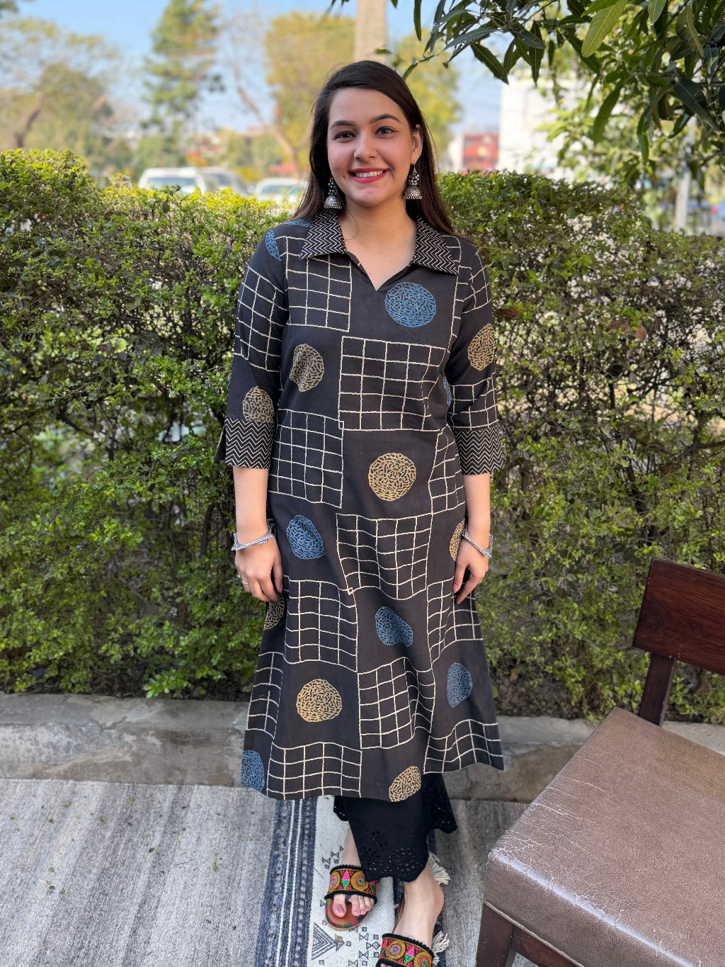 Brown Ajrakh Handblock Collar Kurta by Sanskritam