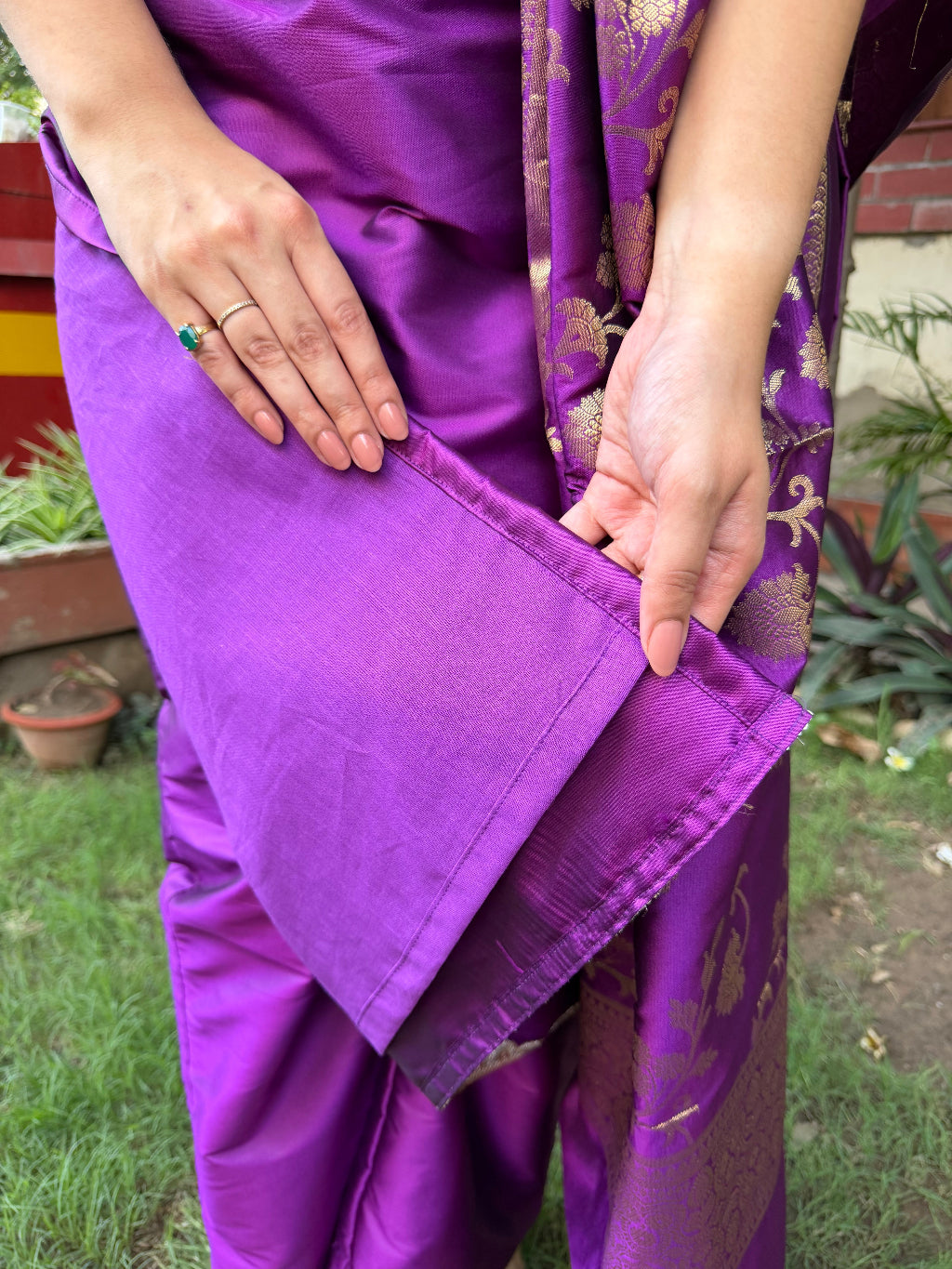 Purple Banarsi Silk Suit Set lining by MySanskritam