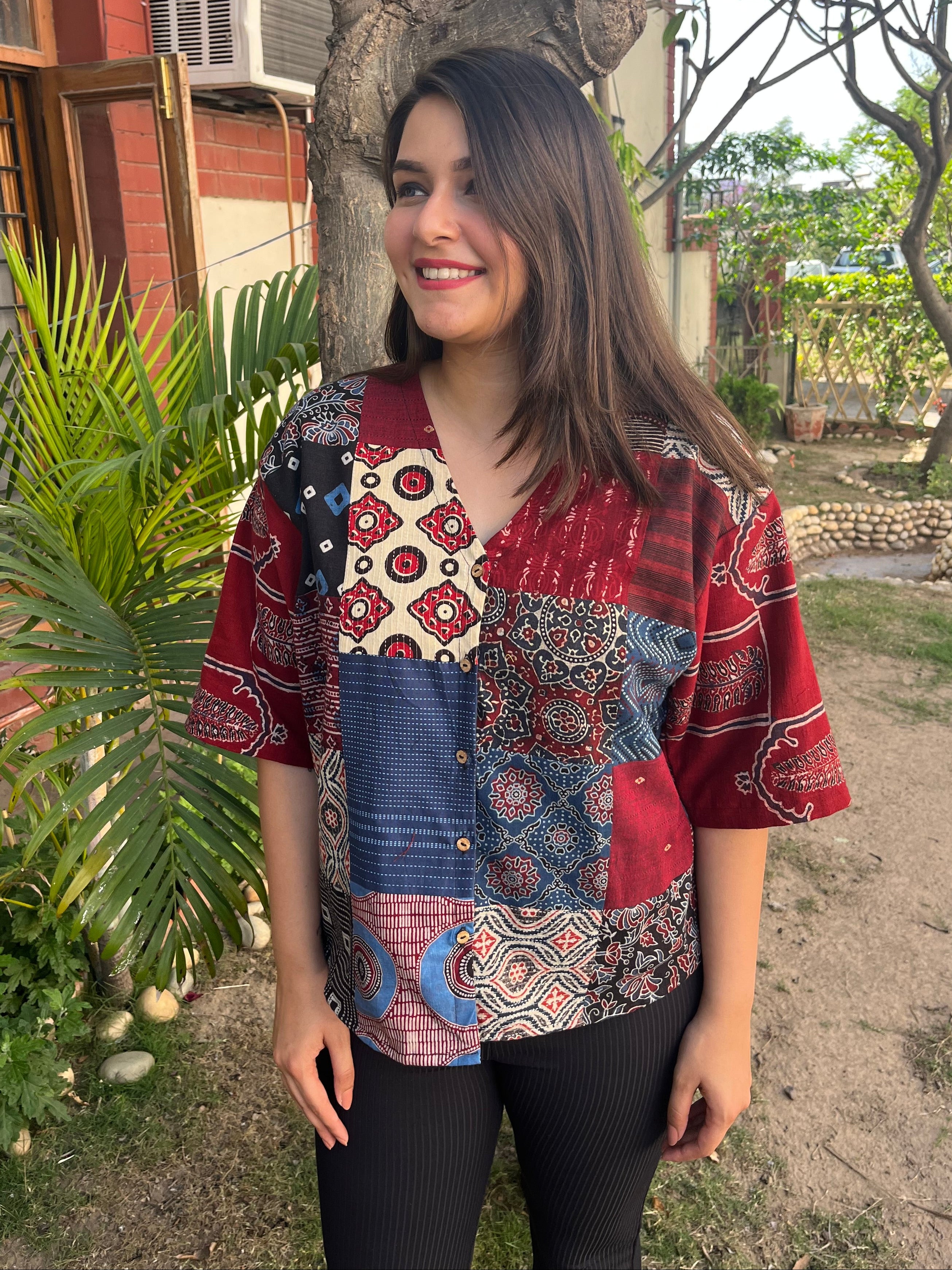 Ajrakh Patchwork Shirt (Maroon) - MYSANSKRITAM