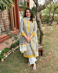 Mustard lace Handblock printed full suit set