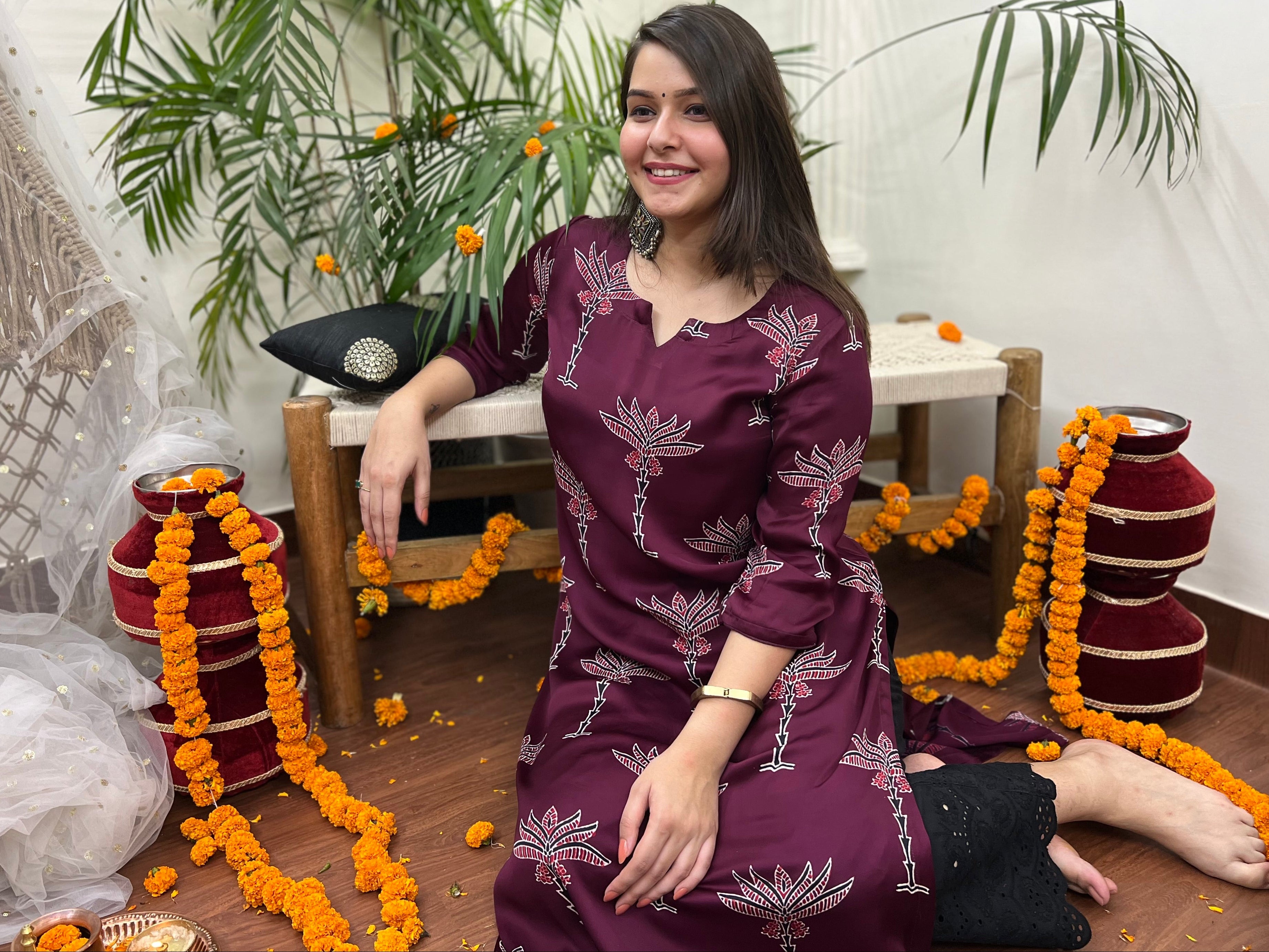 Premium Modal Wine Tree long kurta - MYSANSKRITAM