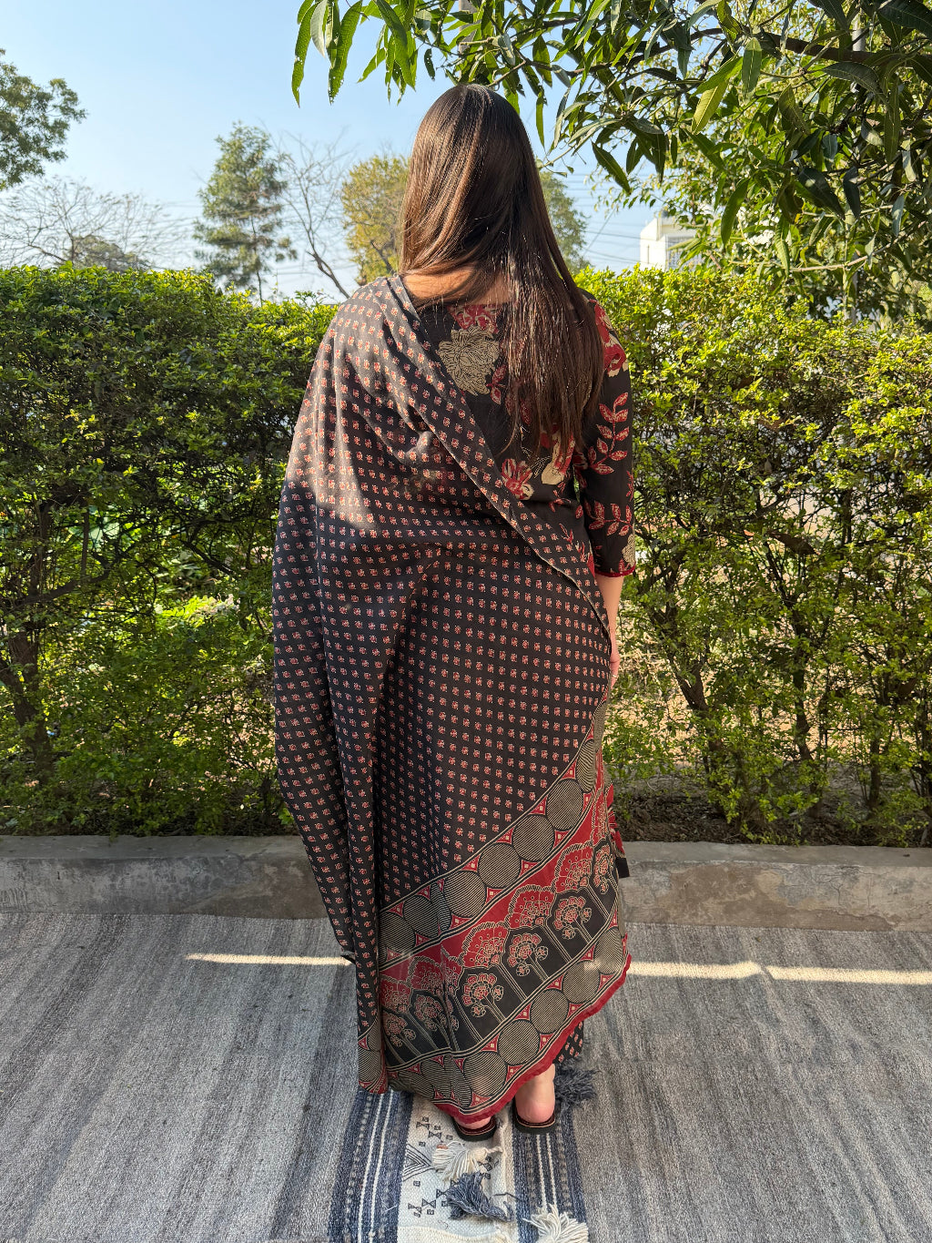 Black Floral Suit Set from the back by MySanskritam