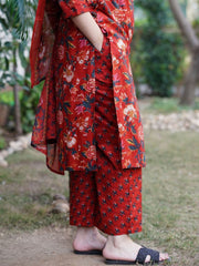 Red Floral Printed Cotton Suit Set