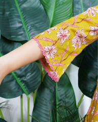 Neon green floral handblock kurti