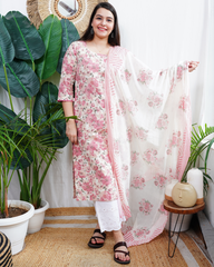 Pink floral kurta duppata set