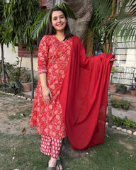 Red Sanganeri Aline full suit set