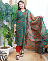 Bottle green Sanganeri kurta duppata set