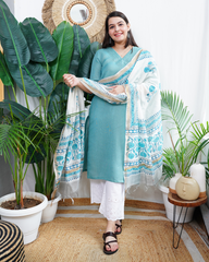 Ferozi linen kurta with chanderi duppata