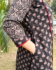 Black small lotus aline kurta with contarst sleeve