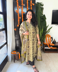 Leaf green floral kurta with duppata