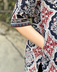 Black ajrakh V neck kurta with pocket