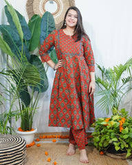 Red Floral Sanganeri aline full suit set