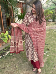 Beige & Maroon Heritage Print Kurta Set