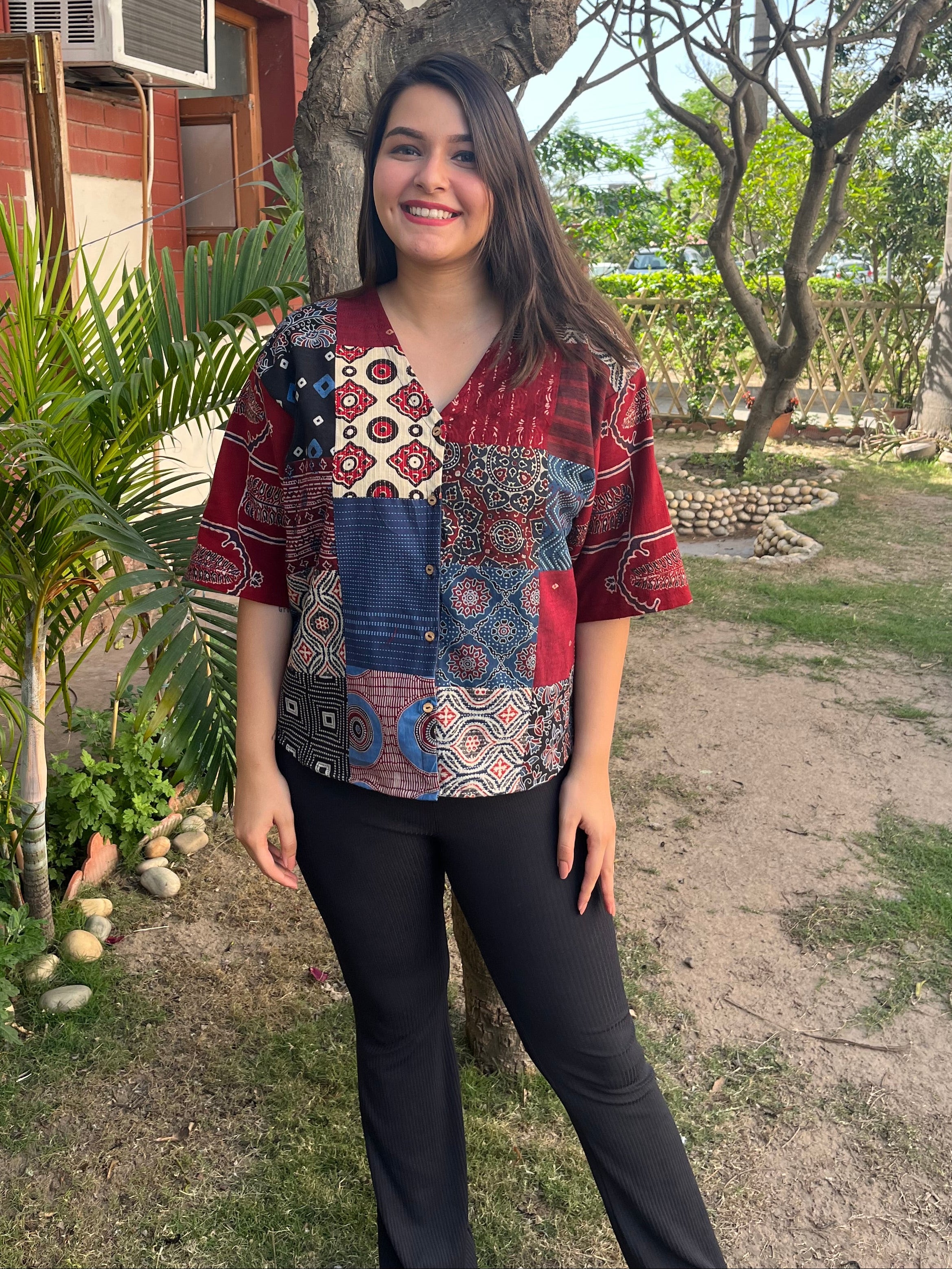 Ajrakh Patchwork Shirt (Maroon) - MYSANSKRITAM