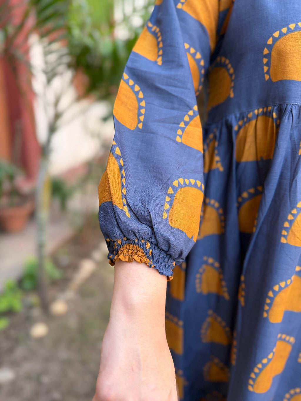 Indigo Mustard Dress sleeve detail by Sanskritam