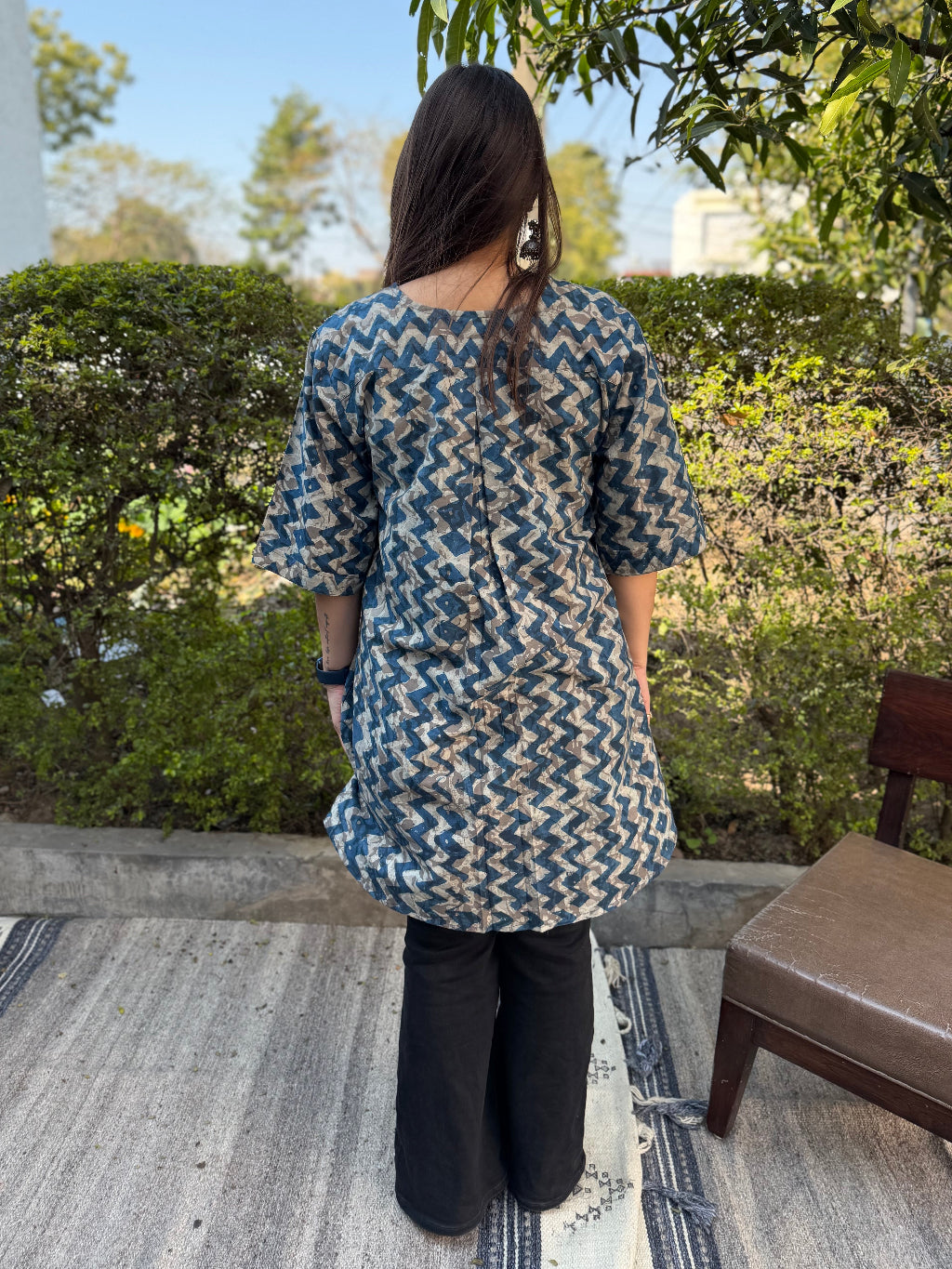 Indigo Zig Zag Bagru Top from the back by MySanskritam